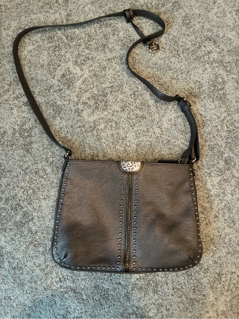 Brighton Pewter Silver Stud-Trim Crossbody Bag